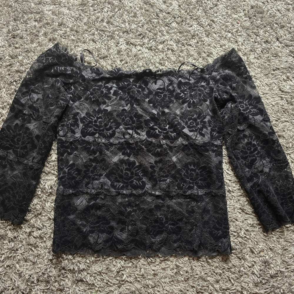 Guess Los Angeles Womens Black Floral Lace Off The Shoulder 3/4 Sleeve Top M - Picture 4 of 5